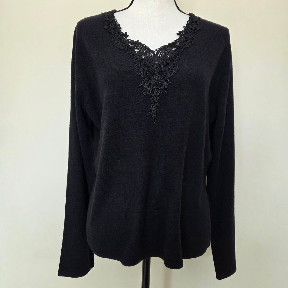 NWT Vintage Christopher & Banks XL Pullover Knit Sweater Crochet Long Sleeve Blk